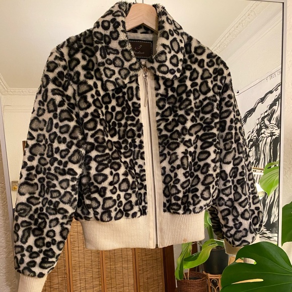 🖤SOLD🤍Vintage Fodisi little 90s fur leopard print bomber - Picture 1 of 6